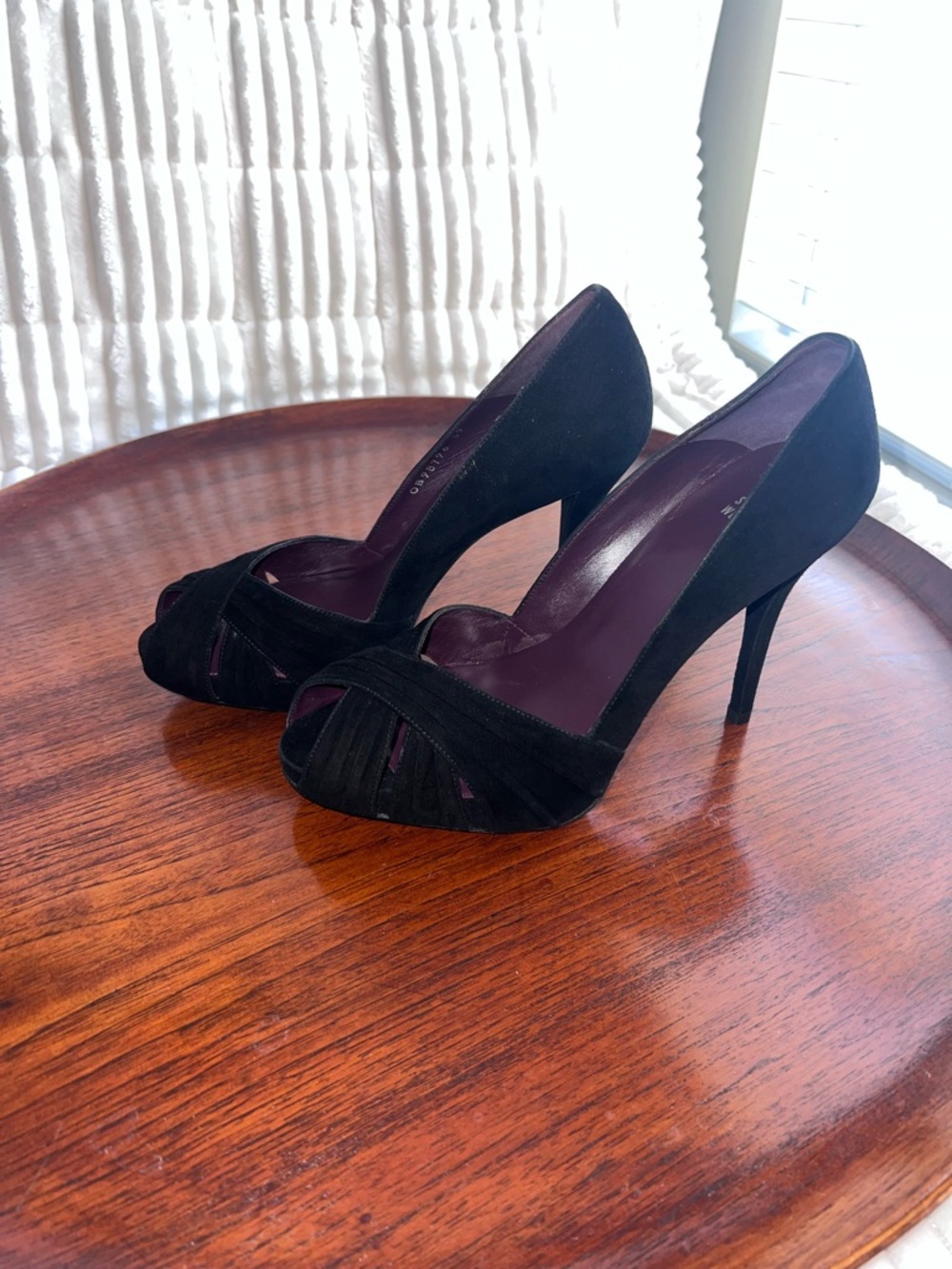 Stuart Weitzman Black Suede Peep-Toe Stiletto Pumps